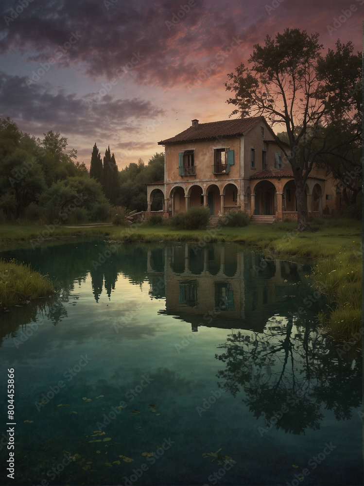 Obraz premium Tranquil Lakeside Retreat with Roof House at Sunset