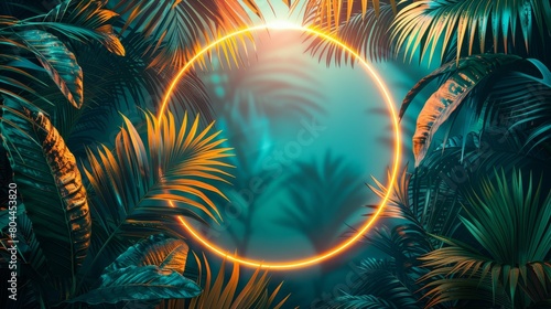 neon background with palm leaves in shades of green, teal, and yellow, arranged around a glowing circle frame