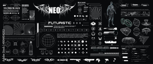Sci-fi inspired futuristic typography and lettering, complete with HUD and big set Y2K elements. Extensive Collection of Futuristic HUD and Sci-Fi Interface Elements. Vector illustration photo