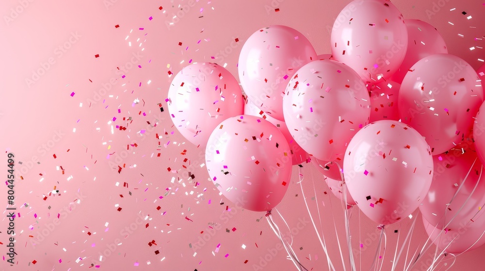 A whimsical arrangement of balloons and confetti of soft pink