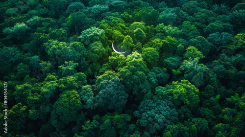 neon crescent glowing vividly amidst a dense forest of bright emerald and shimmering indigo