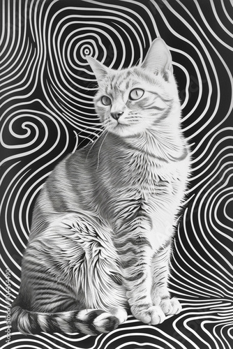 Illustration of a cat with a black and white swirl pattern.