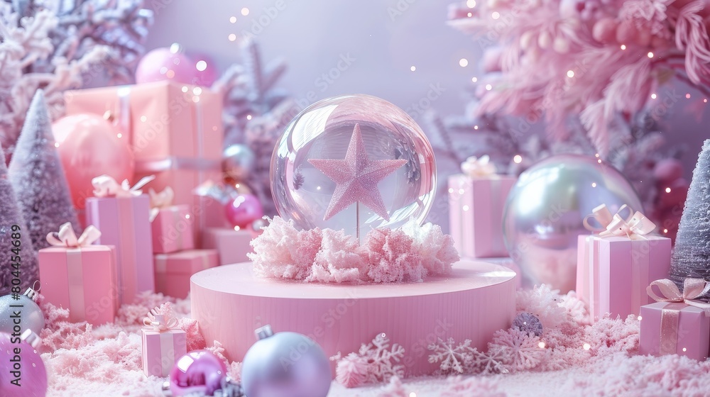 Amidst the glass snow globes enchanting scene, a podium of dreamy, iridescent pearl Amidst the glass snow globes enchanting scene, a podium of dreamy, iridescent pearl