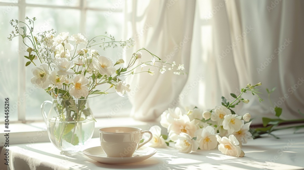 Clean and simple tabletop arrangement with a cup of tea and fresh flowers, creating a serene atmosphere. Clean and simple tabletop arrangement with a cup of tea and fresh flowers, creating a serene atmosphere.