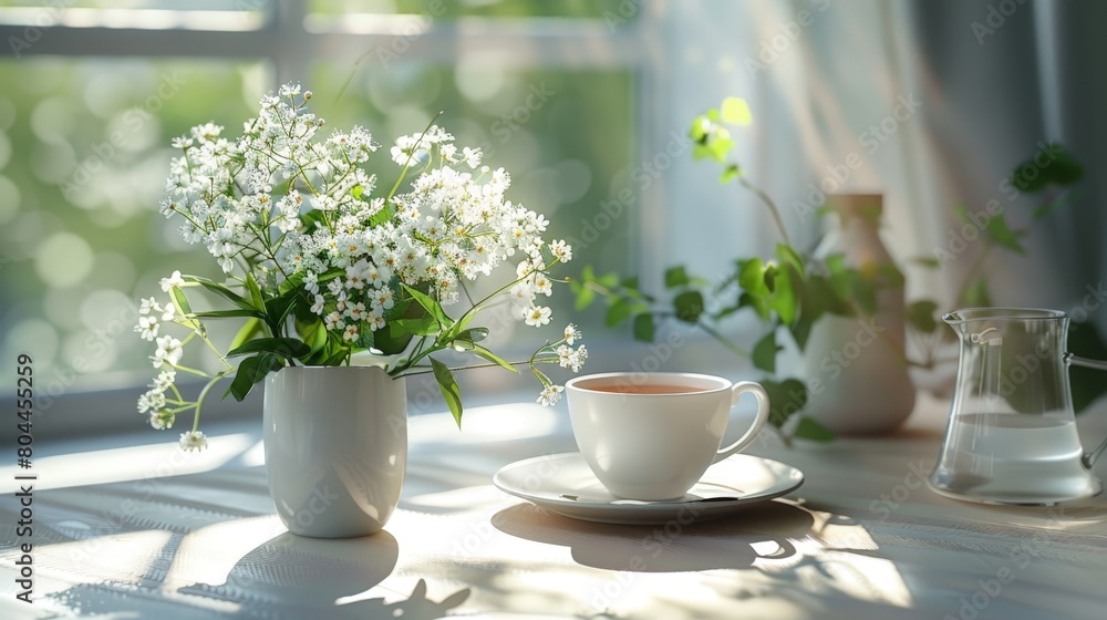 Clean and simple tabletop arrangement with a cup of tea and fresh flowers, creating a serene atmosphere.