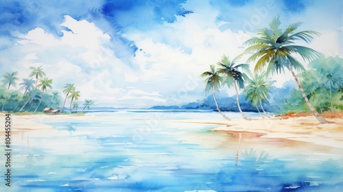 Tropical beach paradise with a clear turquoise sea  white sandy beach  and lush palm trees  vibrant watercolor