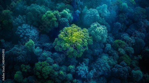 glowing neon tree amidst a dense forest of vibrant green and electric blue