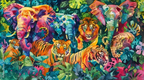 Vibrant watercolor depicting a jungle parade of animals, including elephants, tigers, and monkeys, each painted in lively, playful hues