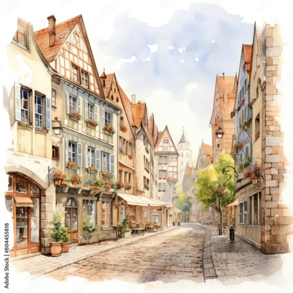 Historic city street with quaint shops and cobblestone roads, bustling with tourists, charming watercolor depiction