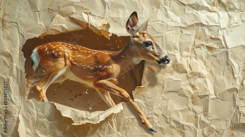 An exhilarating image of a deer breaking through a hole in a paper background