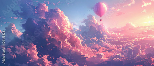 A water color of Hot air balloon floating high above the clouds at sunset photo