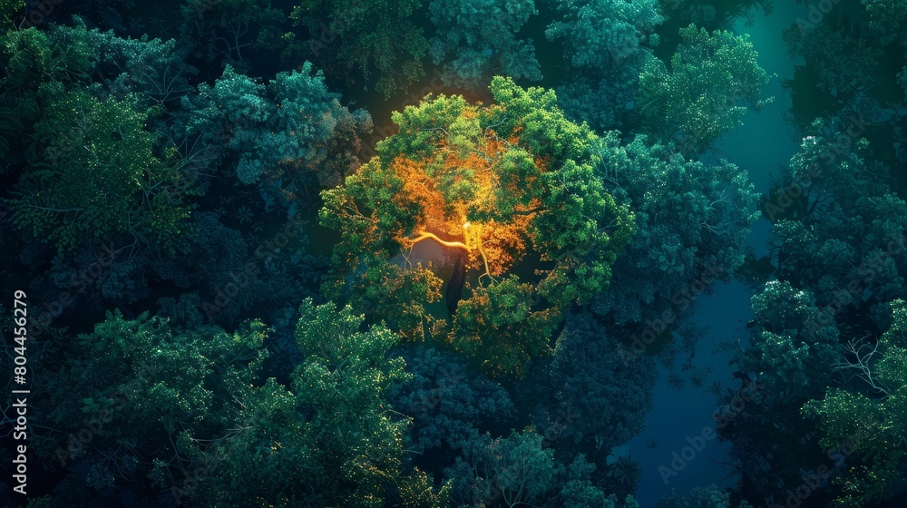 Obraz premium neon tree amidst a dense forest of emerald green and neon orange