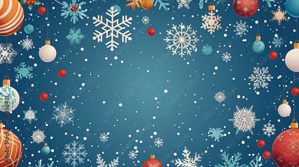 Flat Christmas background with colorful snowflakes and balls Flat Christmas background with colorful snowflakes and balls