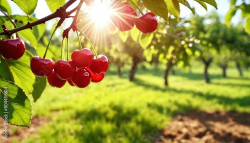 A view of a cherry orchard with juicy fresh ripe cherries on the trees. Fruit cherry orchard, farming and entrepreneurship, harvest, banner. photo