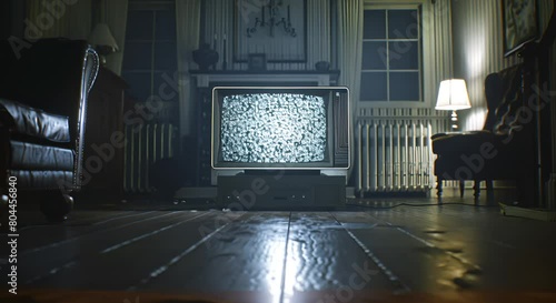 A full screen shot of an old cathode television set showing only white noise iin a dark and isolated room.  photo