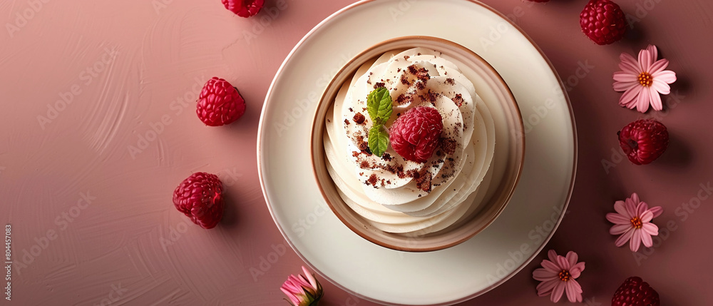 Top view of A white cup of pink whipped cream is set on a white plate. The whipped cream is topped with a single raspberry and a sprig of mind Top view of A white cup of pink whipped cream is set on a white plate. The whipped cream is topped with a single raspberry and a sprig of mind