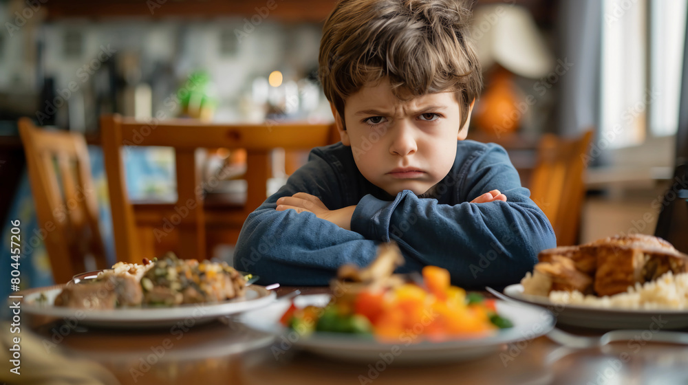 Boy with arms crossed at the dinner table who won't eat