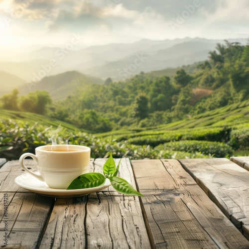 A cup of hot green tea and a glass jar and organic green tea with a view of the tea garden in the morning