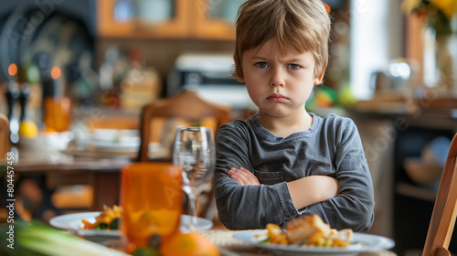 Girl with arms crossed at the dinner table who won't eat.
