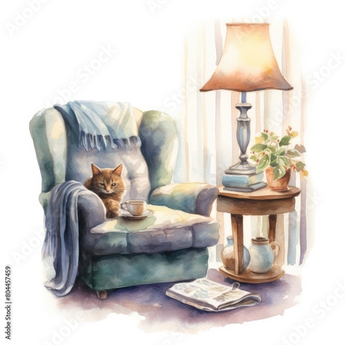 Artistic depiction of a serene reading space with a lamp, a cup of tea, and a cat curled up on a rug, soothing and soft watercolor, isolated on white background photo