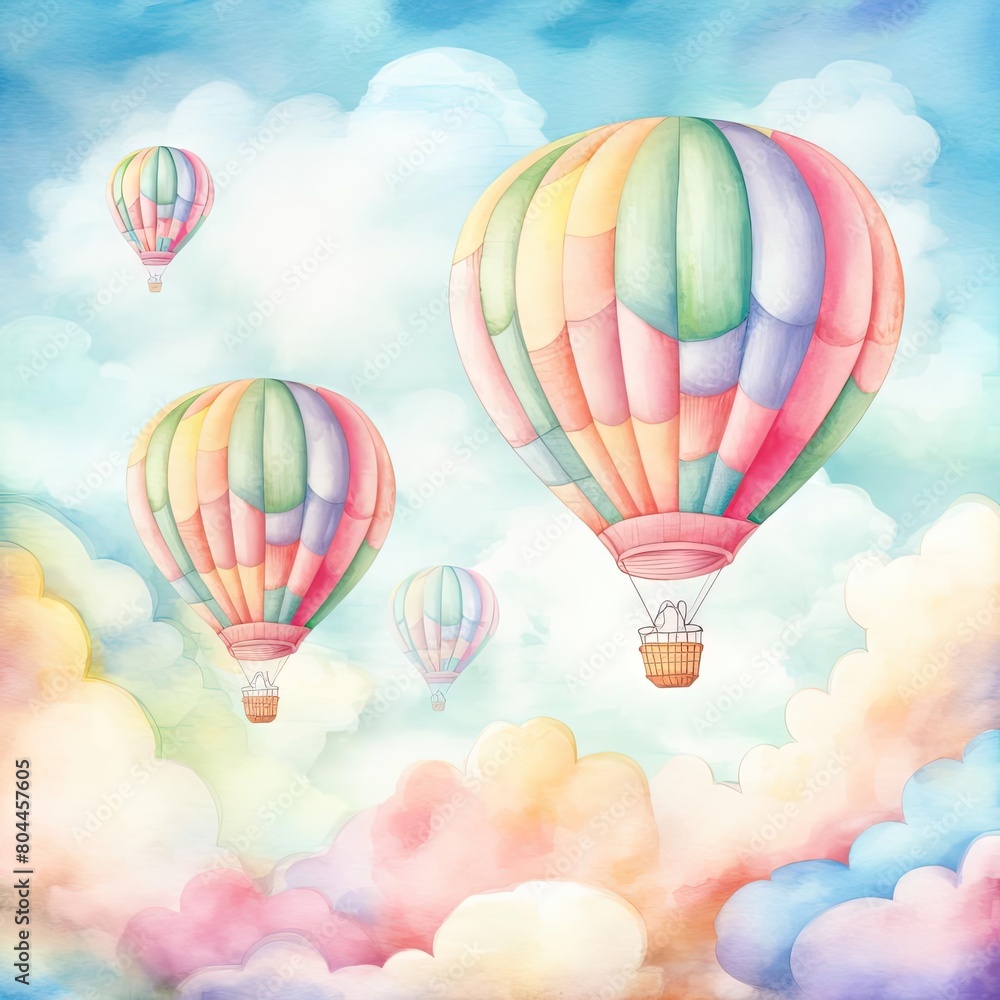 Fototapeta premium Colorful hot air balloons with intricate floating serenely across a soft pastel sky, fluffy clouds around, watercolor style on a white background, vibrant