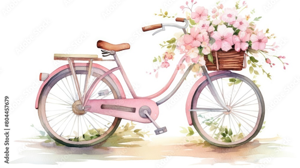 Classic bicycle with a front basket filled with fresh spring flowers, soft and serene watercolor tones, isolated on white background