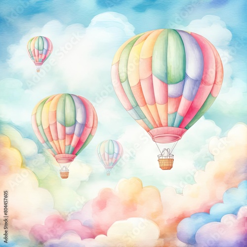 Colorful hot air balloons with intricate patterns floating serenely across a soft pastel sky, fluffy clouds around, watercolor style on a white background, vibrant