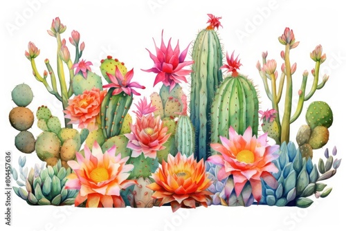 Collection of exotic cacti with unusual shapes and bright blooms, artistic watercolor rendering, isolated on white background