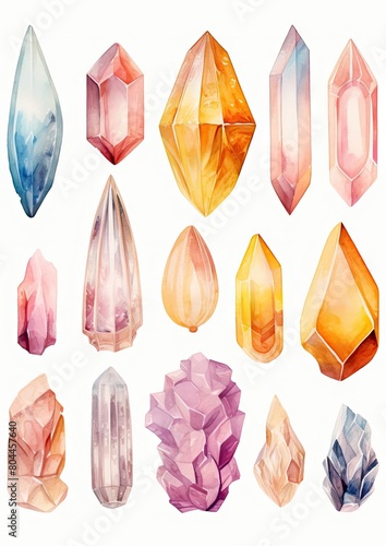 Collection of various crystals, including rose quartz and citrine, each rendered in soft pastel watercolors, isolated on white background photo