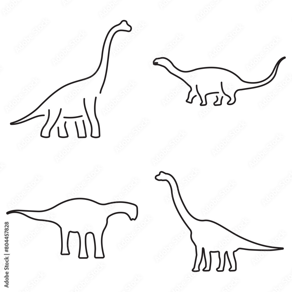 Group of black diplodocus icons on a white background. Vector illustration.