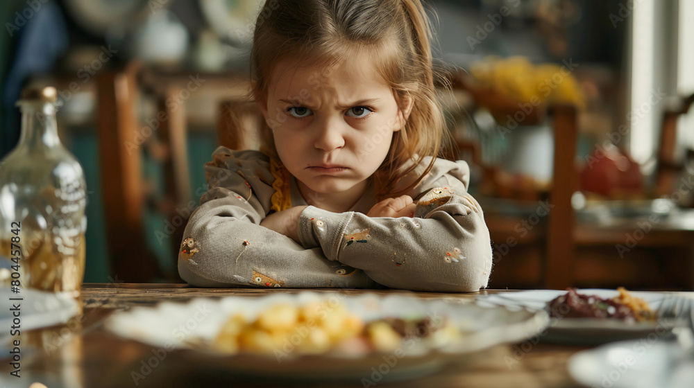 Girl with arms crossed at the dinner table who won't eat. Girl with arms crossed at the dinner table who won't eat.