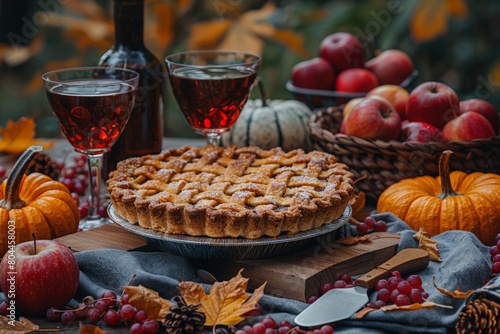 Pie and wine on table photo