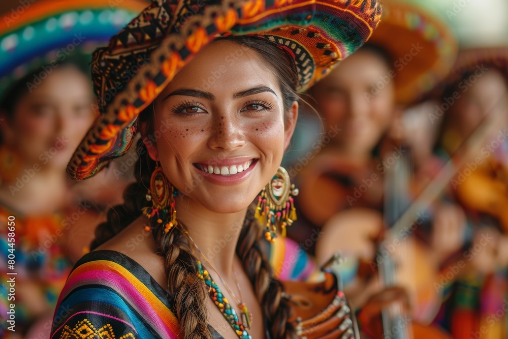 Woman smiling in colorful hat at cinco de mayo celebration