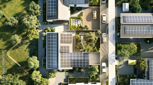 An aerial view of a modern eco friendly house nestled among lush greenery forest