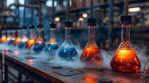 Chemical reactions taking place in a laboratory setting, with colorful liquids bubbling and fizzing in glassware. photo
