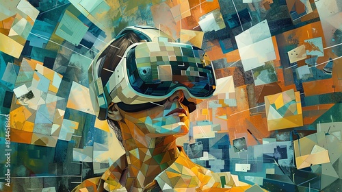 Capture the essence of Virtual Reality Therapy through a traditional art medium, showcasing a blend of futuristic technologies and psychological insights from a high-angle perspective, impressive cubi photo