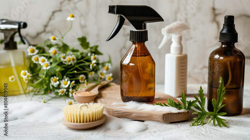 Close up of eco-friendly cleaning product bottles on table