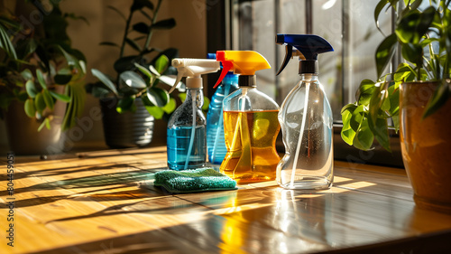 Wooden table with cleaning product bottles