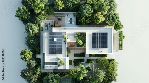 An aerial view of a modern eco friendly house nestled among lush greenery forest