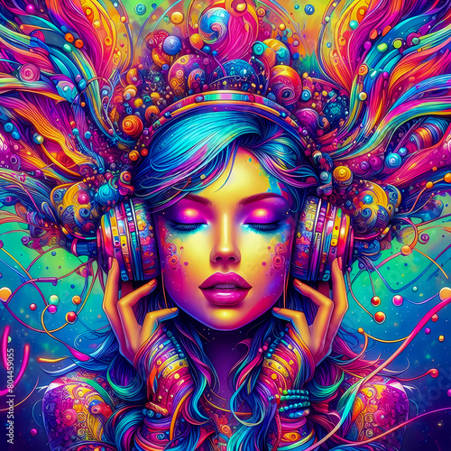 Digital art vibrant colorful psychedelic beautiful woman with headphones vibin to music