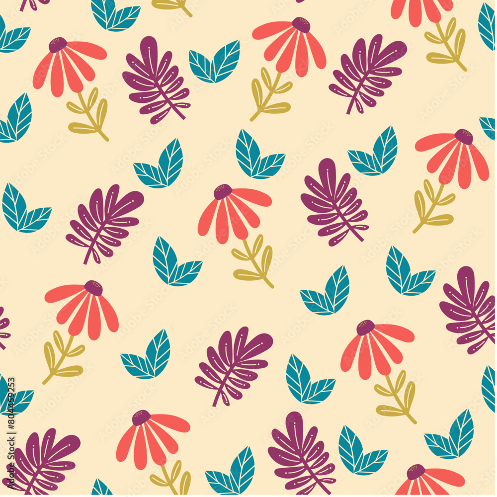 Wildflower seamless botanical pattern with bright plants and flowers on a light beige background. Beautiful seamless vector floral pattern. Leaves in bright colors. Printing and textiles. Wildflower seamless botanical pattern with bright plants and flowers on a light beige background. Beautiful seamless vector floral pattern. Leaves in bright colors. Printing and textiles.