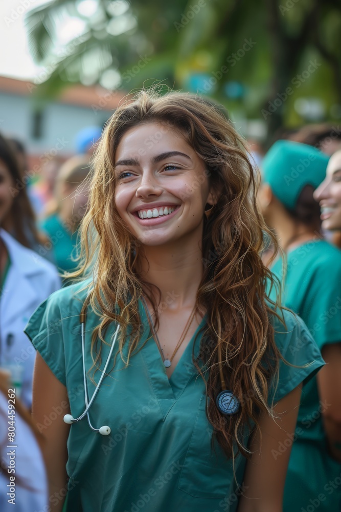 Smiling woman in scrubs at international nurses day appreciation event Smiling woman in scrubs at international nurses day appreciation event