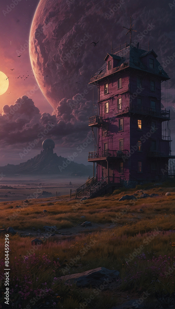 Dreamy House Floating in the Celestial Sky with Glowing Moon Dreamy House Floating in the Celestial Sky with Glowing Moon