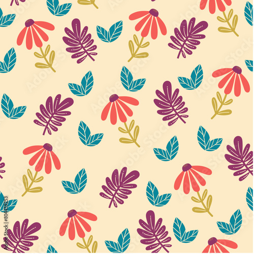 Wildflower seamless botanical pattern with bright plants and flowers on a light beige background. Beautiful seamless vector floral pattern. Leaves in bright colors. Printing and textiles. 