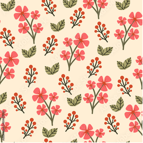 Wildflower seamless botanical pattern with bright plants and flowers on a beige background. Seamless botanical pattern with plants. Leaves in bright colors.