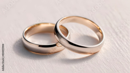 Wedding rings from red gold on light background, copy space. Gold engagement rings. Wedding ring ads background. Minimalistic rings for wedding, proposal. Wedding rings banner