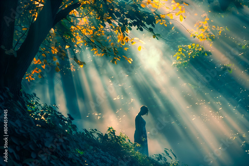 Lumière dans la forêt sur une femme tête baissée photo
