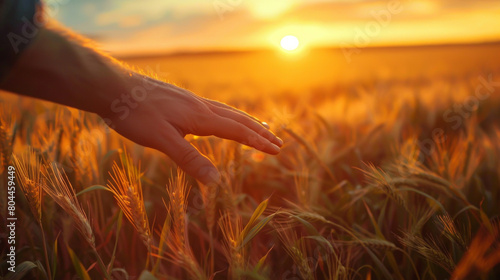 Closeup of a male hand touching a wheat field at sunset, photo