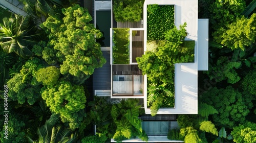 An aerial view of a modern eco friendly house nestled among lush greenery forest