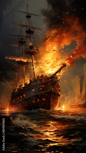 Battle of sea  old sailing ships in fire and smoke  illustration